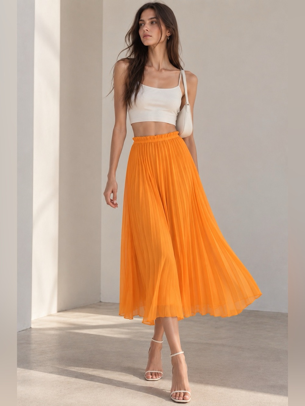 ZARA Trafaluc Orange Pleated Chiffon Midi Skirt Size S